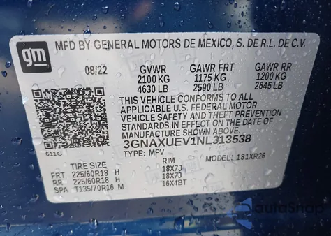 2022 Chevrolet Equinox Awd Lt from USA, damaged, VIN 3GNAXUEV1NL313538